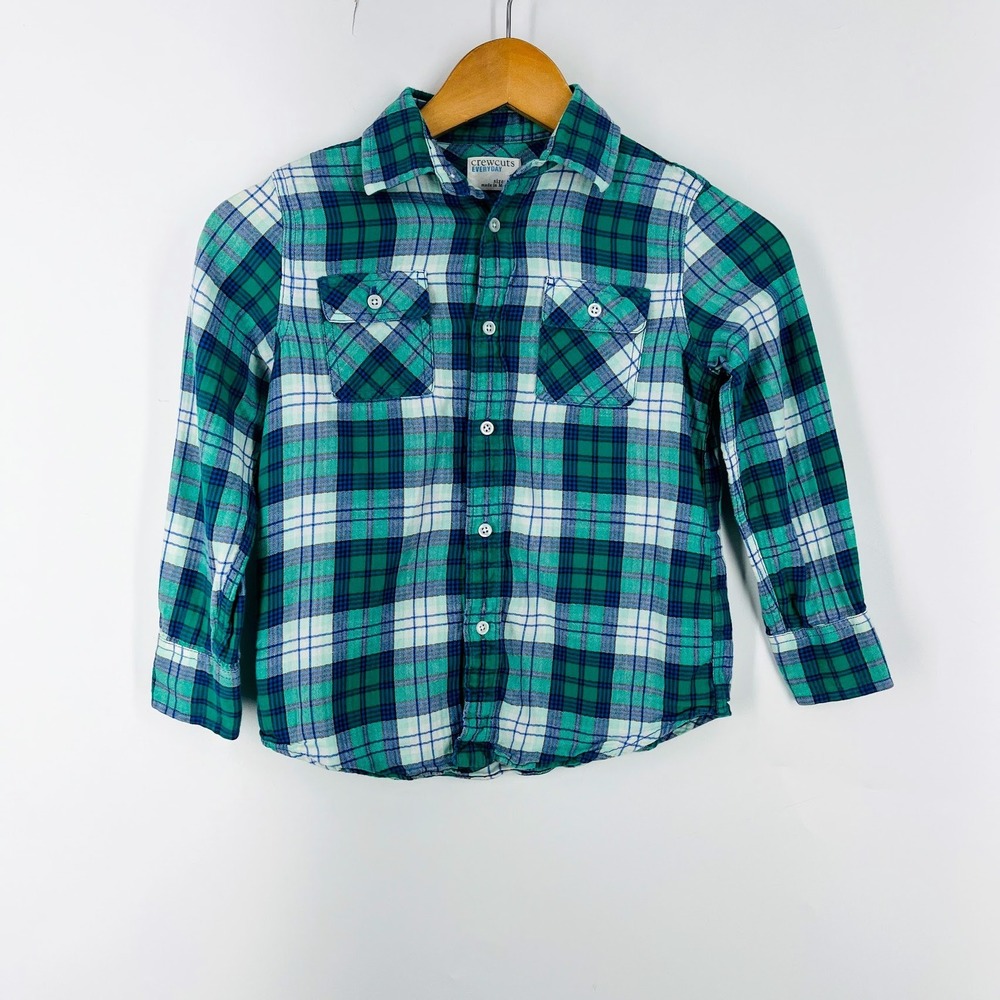 Crewcuts Everyday Boys Green Blue Plaid Flannel Button Down‎ Shirt Size 8